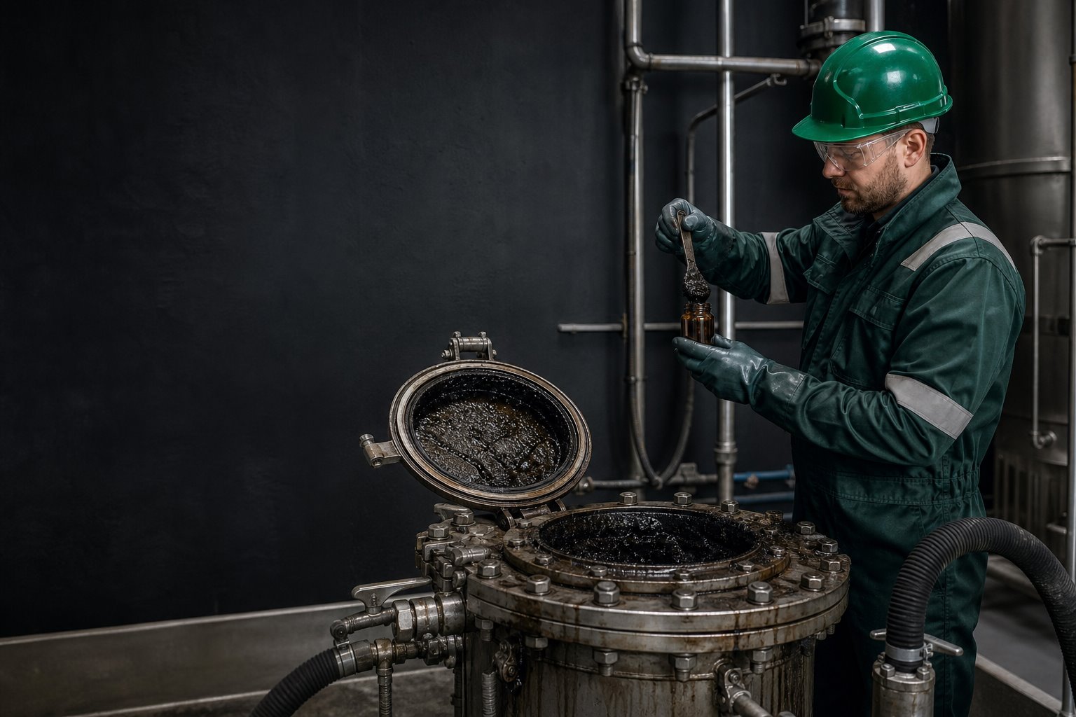 Специалист отбирает пробу нефтешлама из промышленной ёмкости